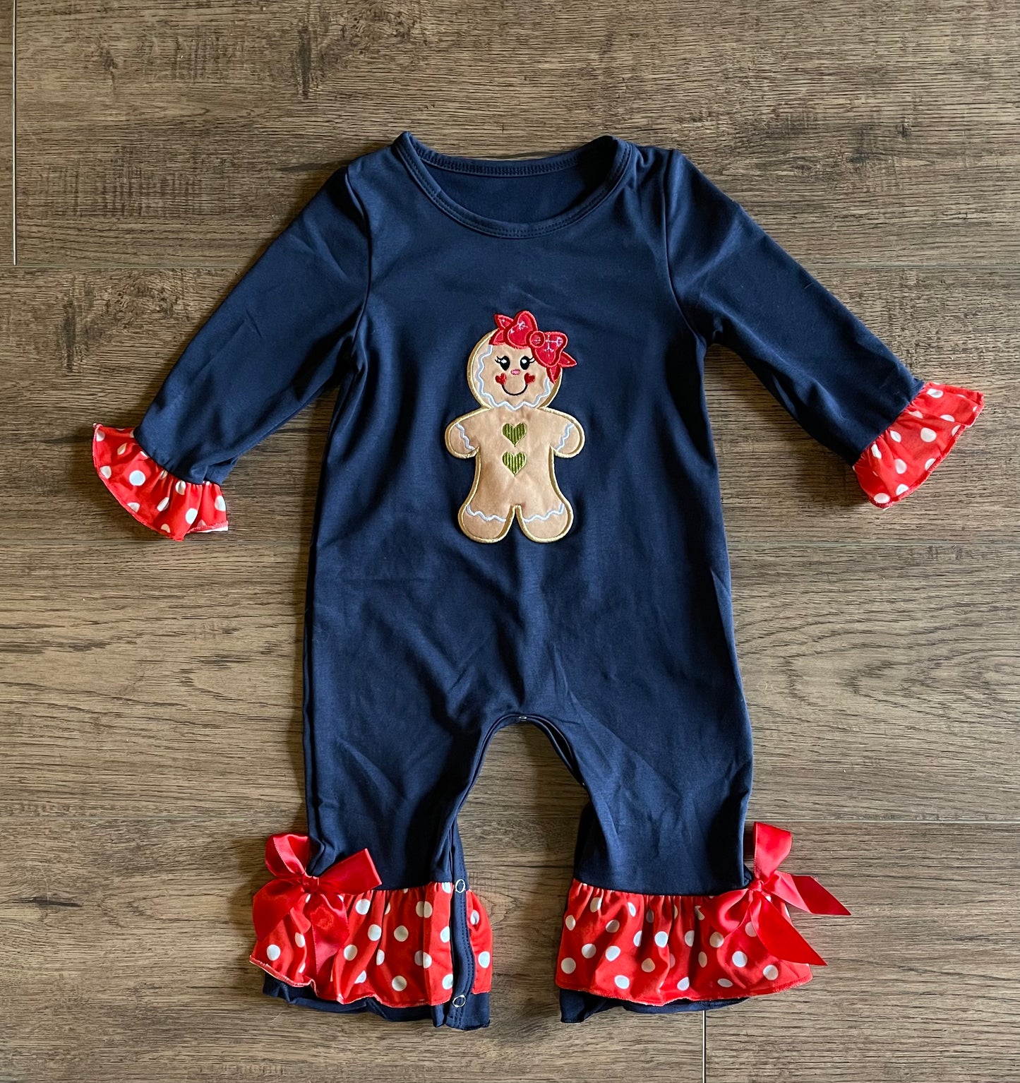 Navy Gingerbread romper - ready to ship